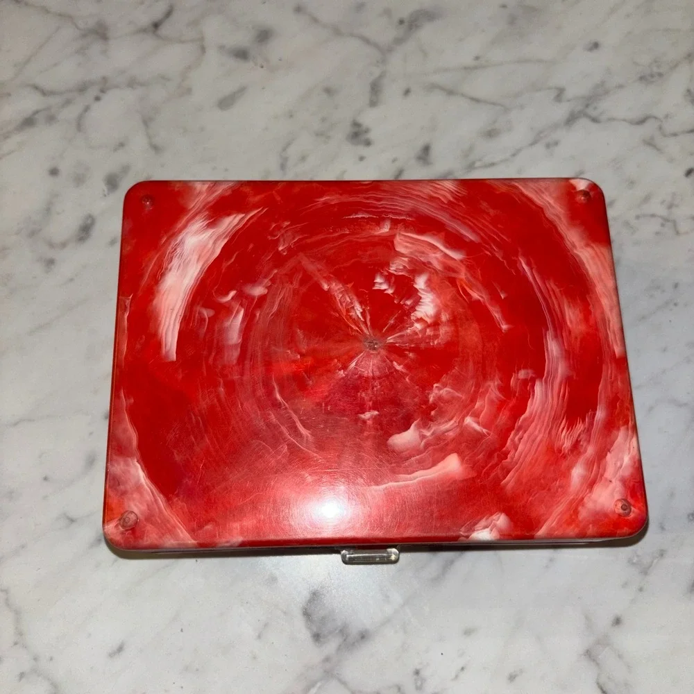 Vintage Red Marbled Sewing Box with Cats Yarn Lid and Notions Thread Needles Kit